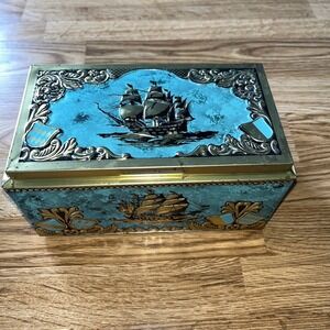 Vintage Tin Container Hinged Delft Blue / Sailboats / Ships Canister W. Germany
